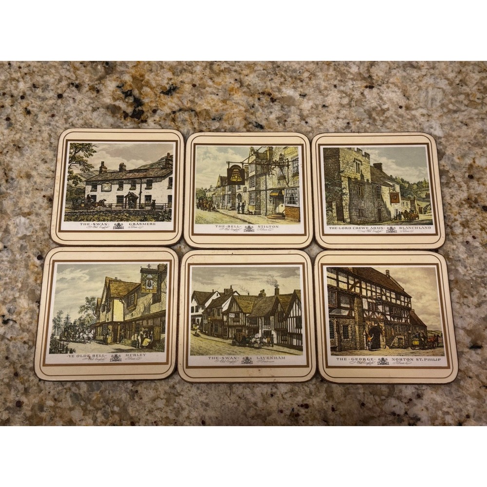 Vintage Pimpernel Cork Backed  Coaster Old English Inns Art Design Set of ( 6 )